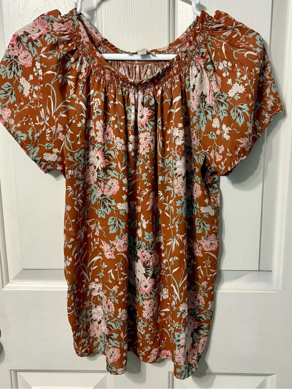 LOFT Rust Floral Peasant Blouse with Pink & Mint Print